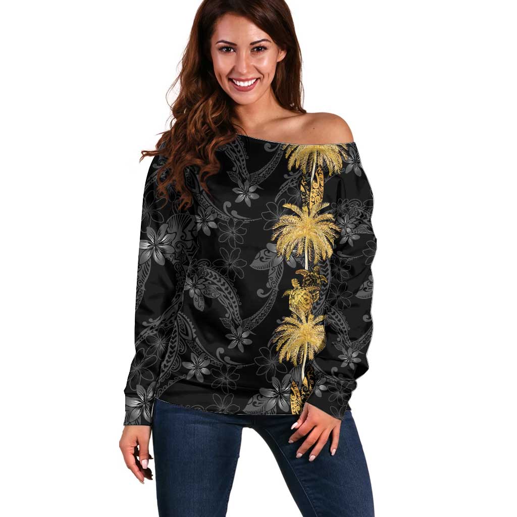 Hawaiian Honu And Surfboards Off Shoulder Sweater Gold Style - Polynesian Pride