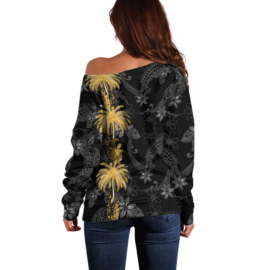 Hawaiian Honu And Surfboards Off Shoulder Sweater Gold Style - Polynesian Pride