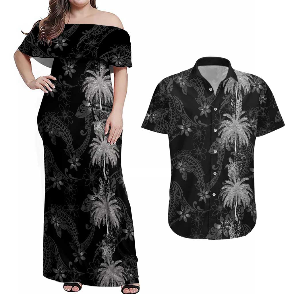 Hawaiian Honu And Surfboards Couples Matching Off Shoulder Maxi Dress and Hawaiian Shirt Silver Style - Polynesian Pride