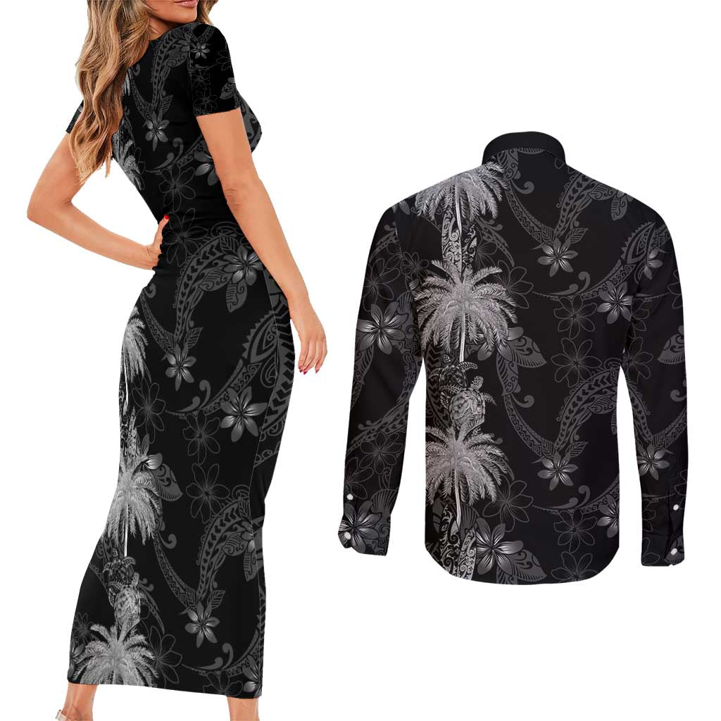 Hawaiian Honu And Surfboards Couples Matching Short Sleeve Bodycon Dress and Long Sleeve Button Shirt Silver Style - Polynesian Pride