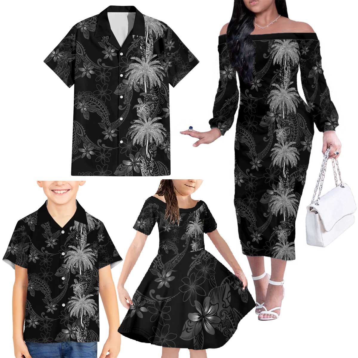 Hawaiian Honu And Surfboards Family Matching Off The Shoulder Long Sleeve Dress and Hawaiian Shirt Silver Style - Polynesian Pride