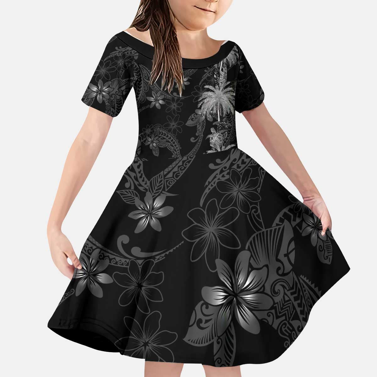 Hawaiian Honu And Surfboards Kid Short Sleeve Dress Silver Style - Polynesian Pride