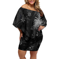 Hawaiian Honu And Surfboards Off Shoulder Short Dress Silver Style - Polynesian Pride