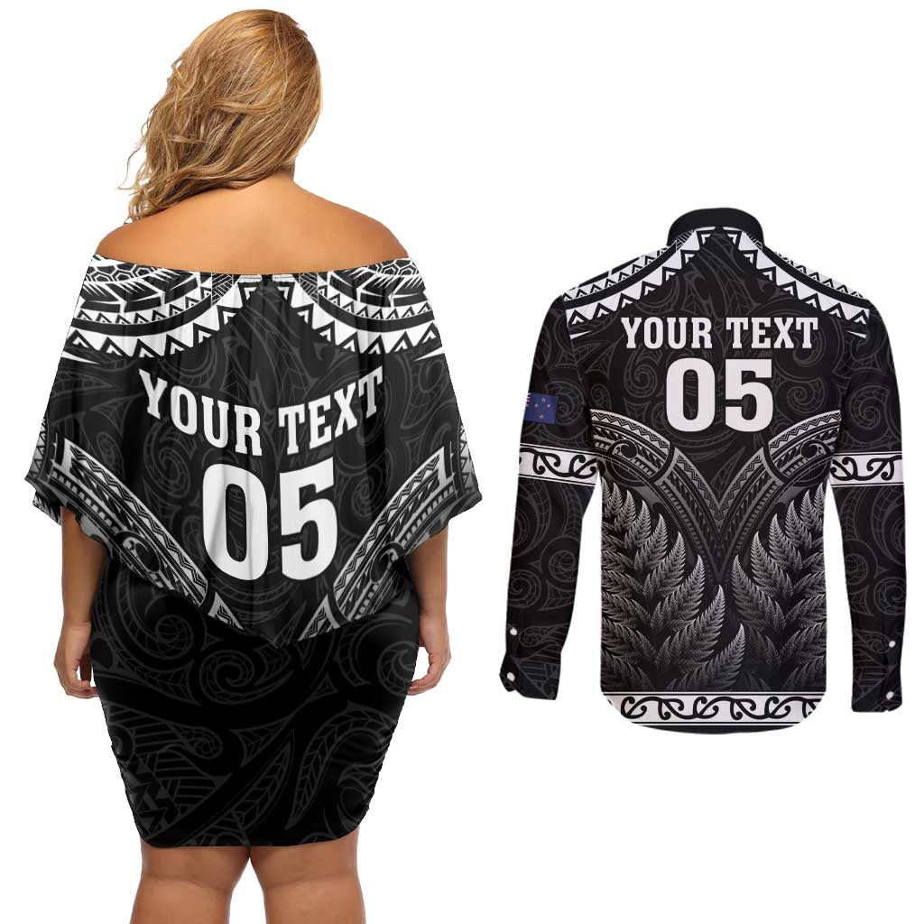 Custom New Zealand Maori Tiki Rugby Couples Matching Off Shoulder Short Dress and Long Sleeve Button Shirt Go Aotearoa Maori Pattern
