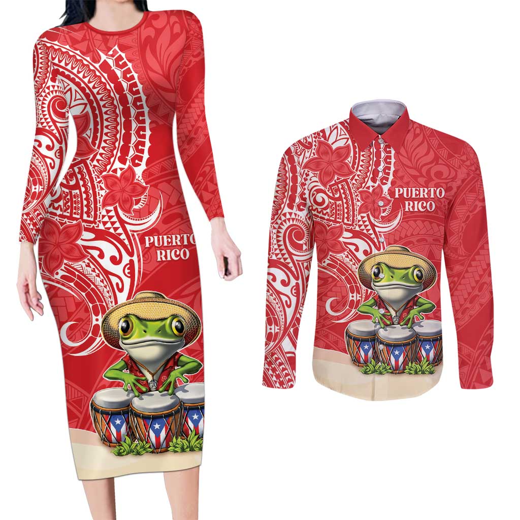 Personalized Puerto Rico Couples Matching Long Sleeve Bodycon Dress and Long Sleeve Button Shirt Coqui Frog With Polynesian Pattern - Polynesian Pride
