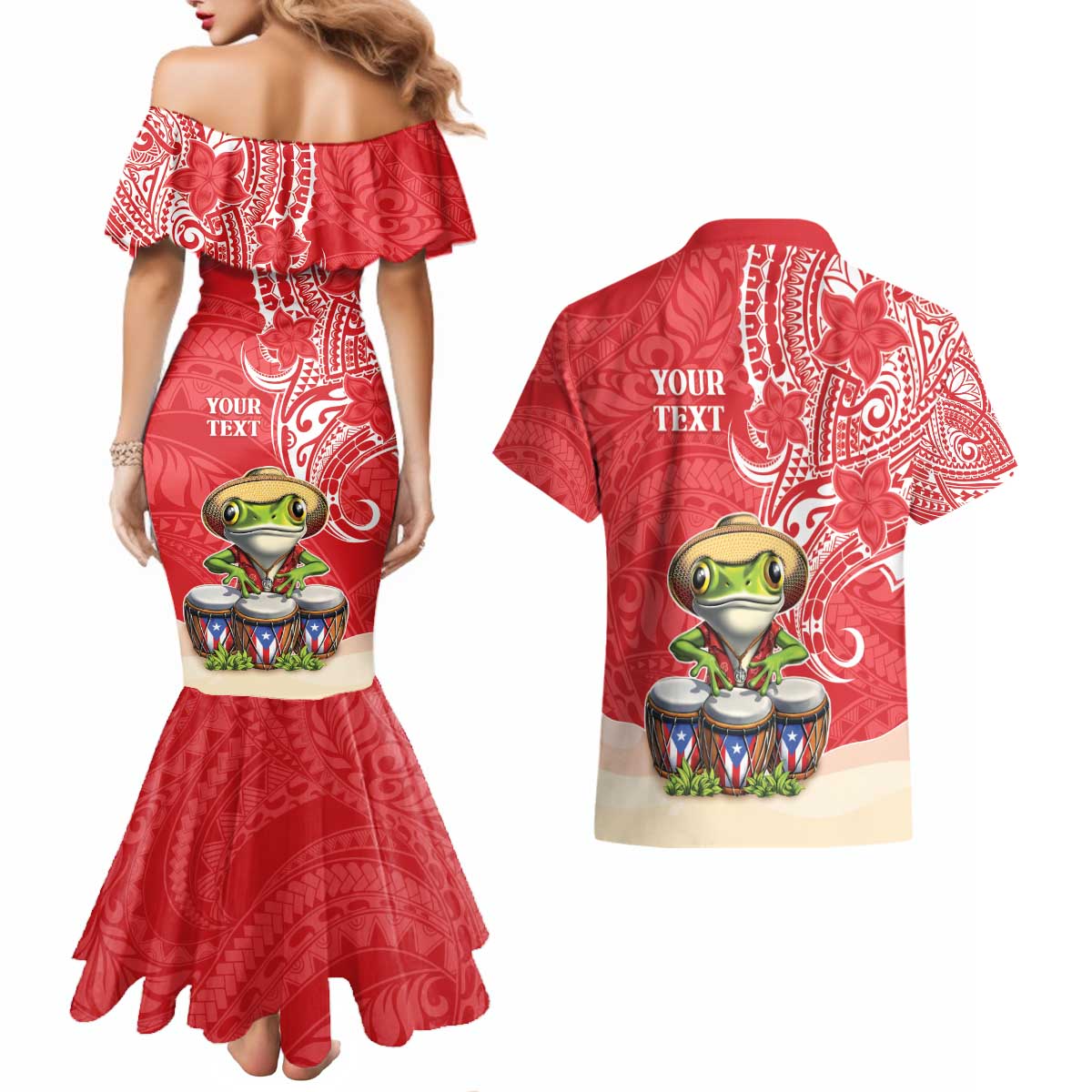 Personalized Puerto Rico Couples Matching Mermaid Dress and Hawaiian Shirt Coqui Frog With Polynesian Pattern - Polynesian Pride