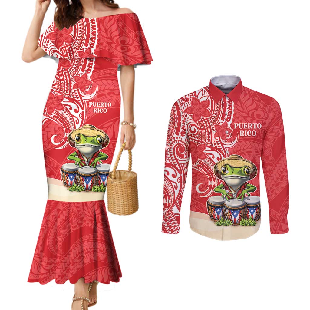 Personalized Puerto Rico Couples Matching Mermaid Dress and Long Sleeve Button Shirt Coqui Frog With Polynesian Pattern - Polynesian Pride