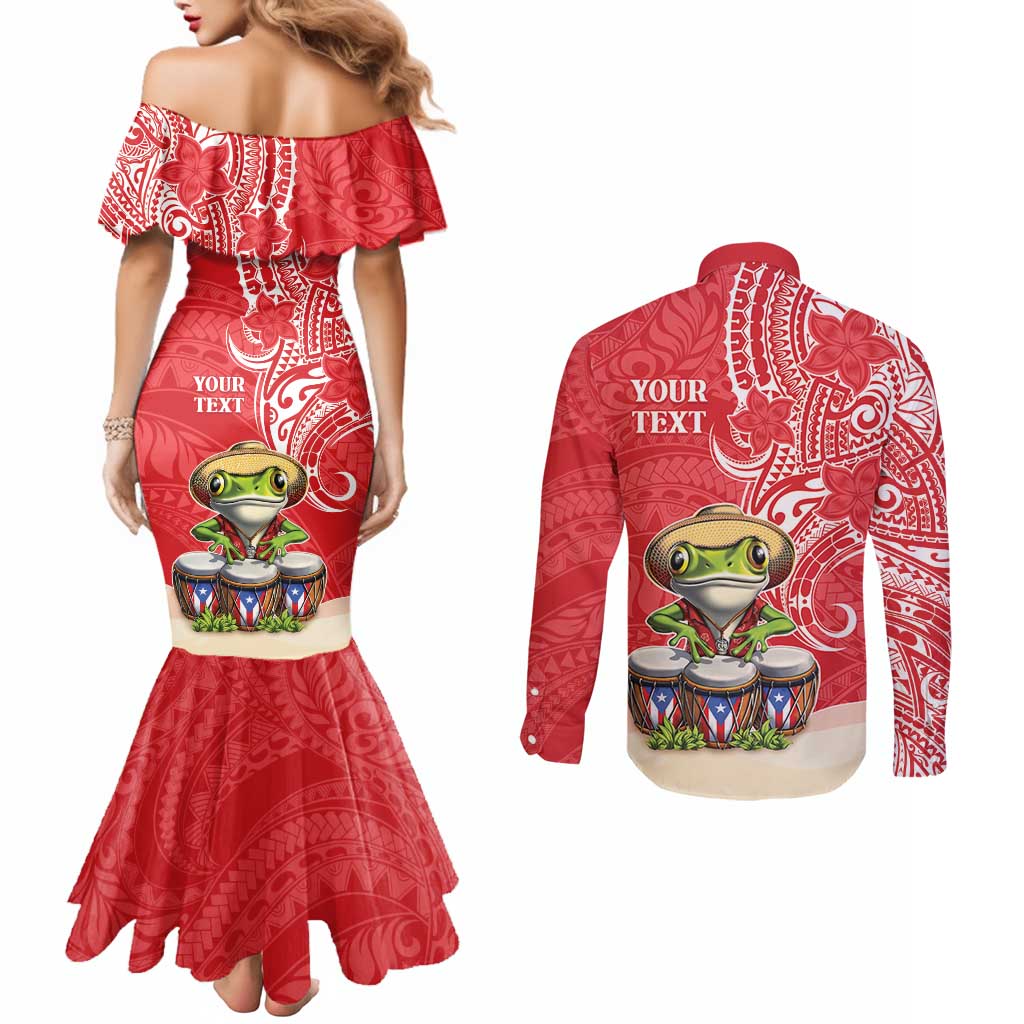 Personalized Puerto Rico Couples Matching Mermaid Dress and Long Sleeve Button Shirt Coqui Frog With Polynesian Pattern - Polynesian Pride