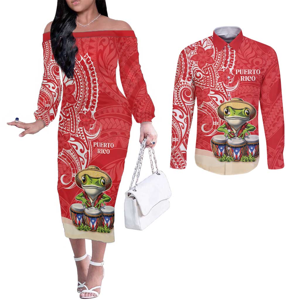 Personalized Puerto Rico Couples Matching Off The Shoulder Long Sleeve Dress and Long Sleeve Button Shirt Coqui Frog With Polynesian Pattern - Polynesian Pride