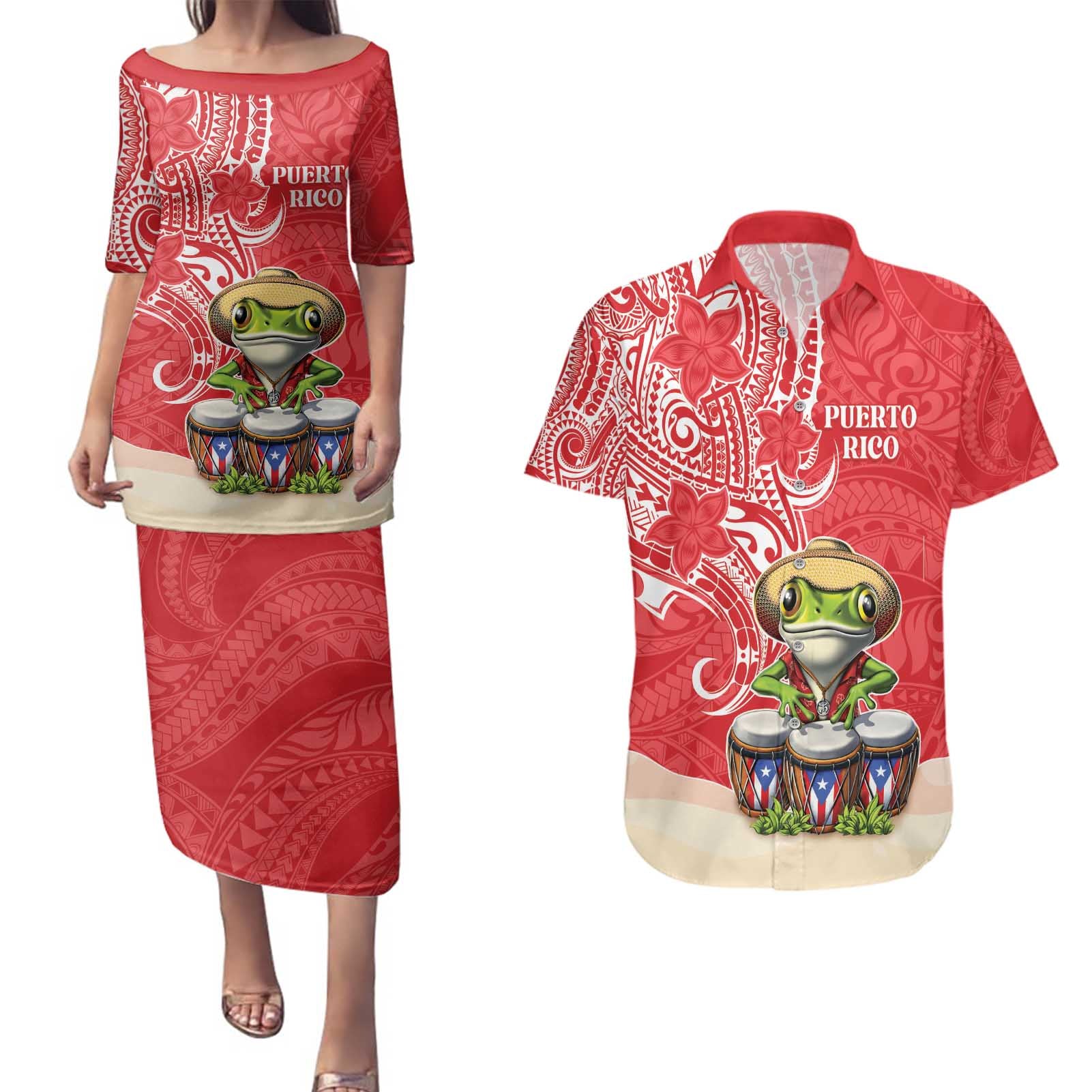 Personalized Puerto Rico Couples Matching Puletasi and Hawaiian Shirt Coqui Frog With Polynesian Pattern - Polynesian Pride