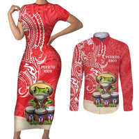 Personalized Puerto Rico Couples Matching Short Sleeve Bodycon Dress and Long Sleeve Button Shirt Coqui Frog With Polynesian Pattern - Polynesian Pride