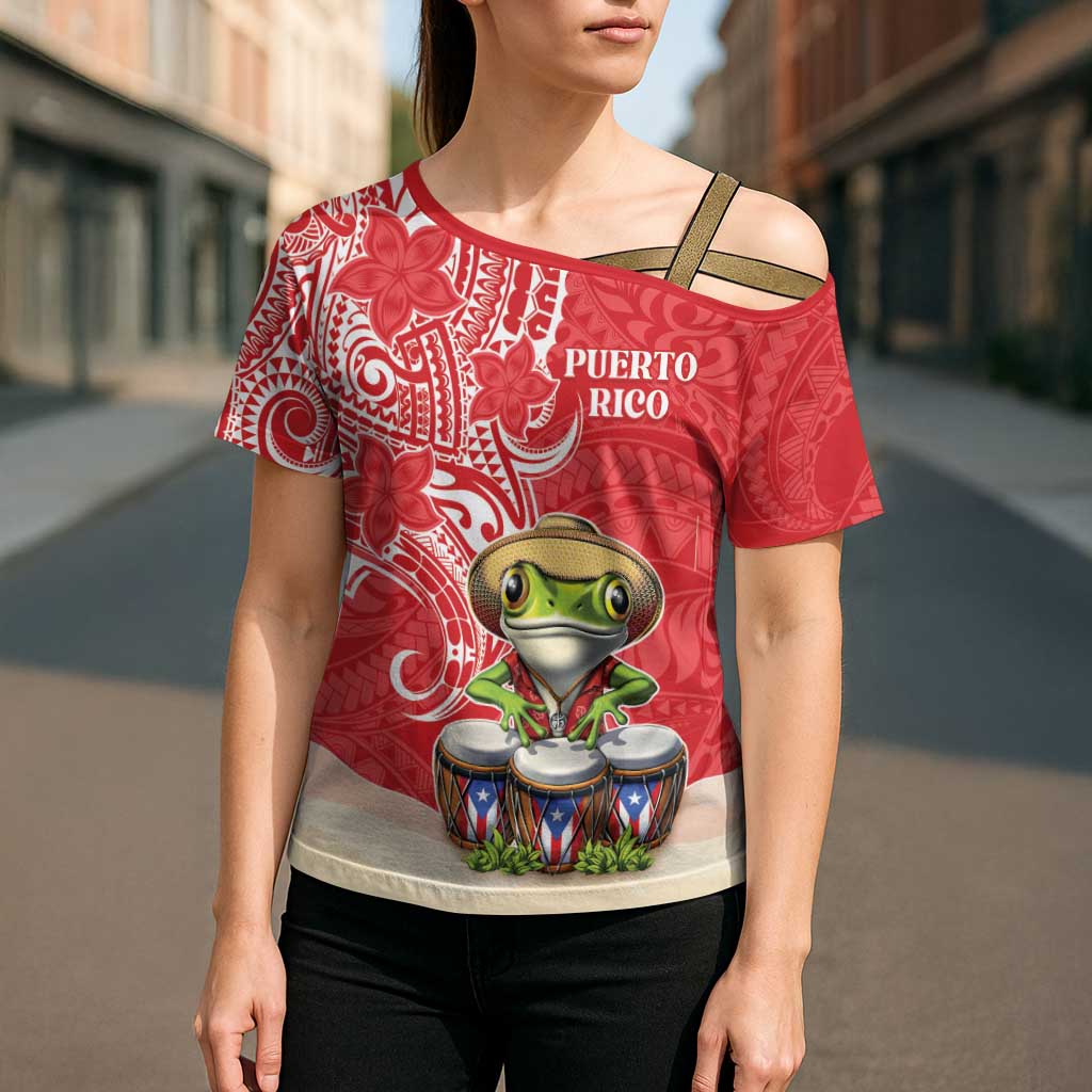 Personalized Puerto Rico Cross Shoulder Shirt Coqui Frog With Polynesian Pattern - Polynesian Pride
