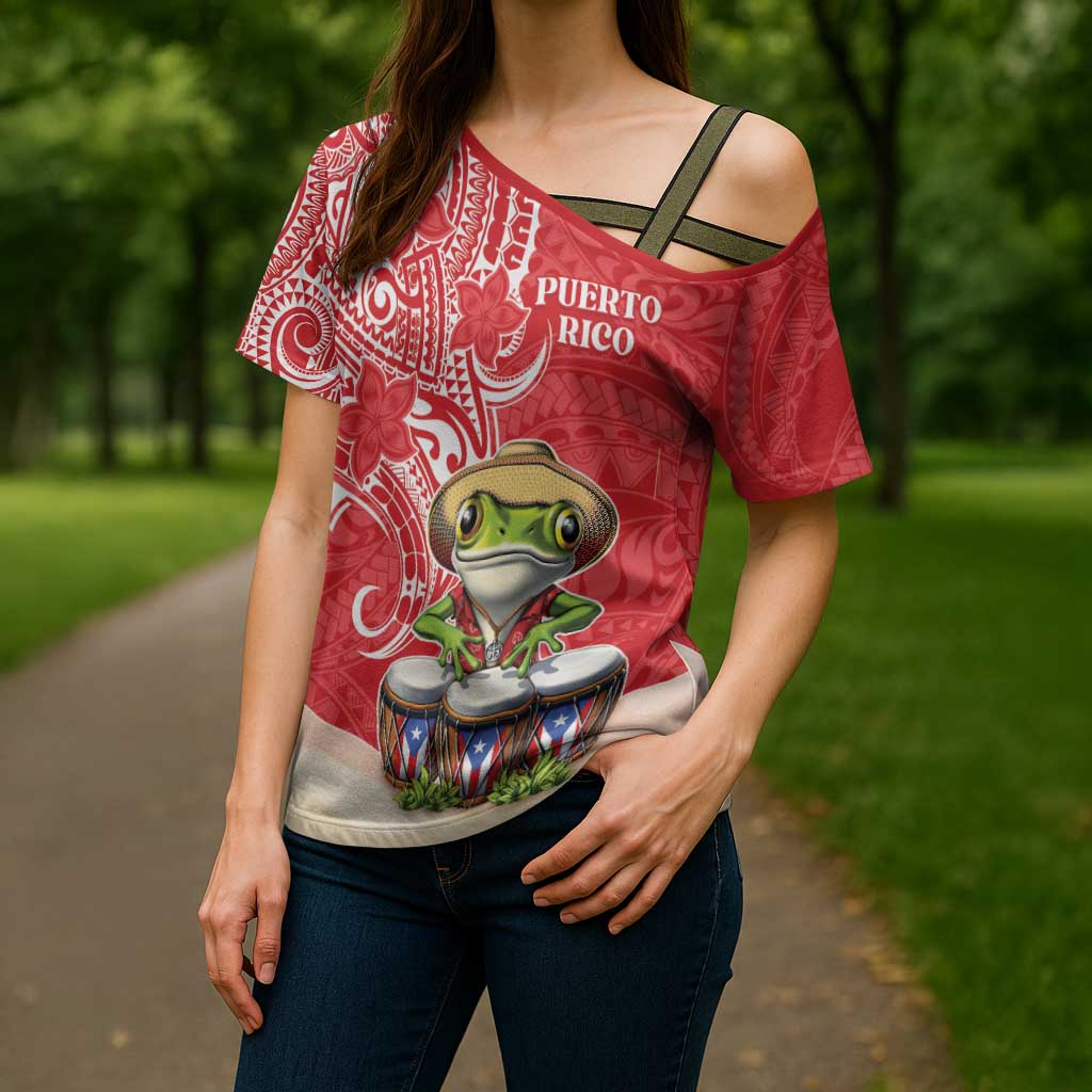 Personalized Puerto Rico Cross Shoulder Shirt Coqui Frog With Polynesian Pattern - Polynesian Pride