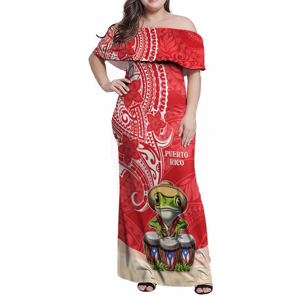 Personalized Puerto Rico Family Matching Off Shoulder Maxi Dress and Hawaiian Shirt Coqui Frog With Polynesian Pattern - Polynesian Pride
