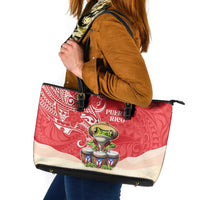 Puerto Rico Leather Tote Bag Coqui Frog With Polynesian Pattern - Polynesian Pride