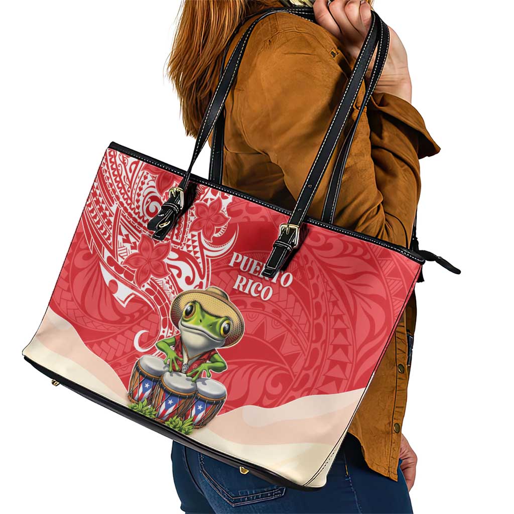 Puerto Rico Leather Tote Bag Coqui Frog With Polynesian Pattern - Polynesian Pride