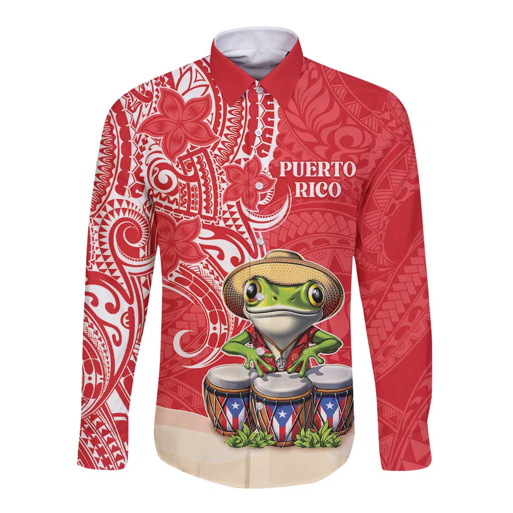 Personalized Puerto Rico Long Sleeve Button Shirt Coqui Frog With Polynesian Pattern - Polynesian Pride