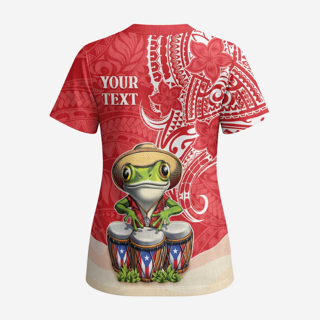 Personalized Puerto Rico Scrub Top Coqui Frog With Polynesian Pattern - Polynesian Pride