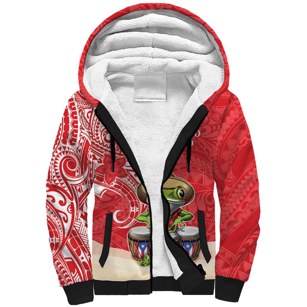 Personalized Puerto Rico Sherpa Hoodie Coqui Frog With Polynesian Pattern - Polynesian Pride