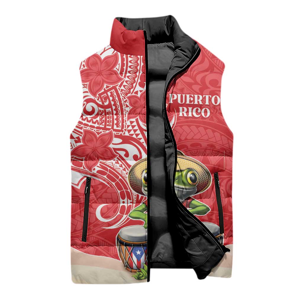 Personalized Puerto Rico Sleeveless Puffer Jacket Coqui Frog With Polynesian Pattern - Polynesian Pride