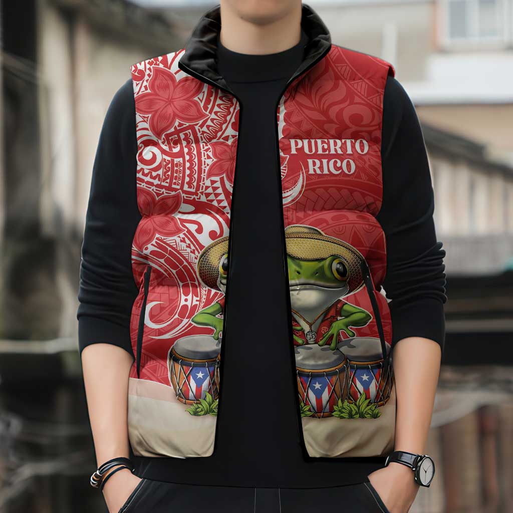 Personalized Puerto Rico Sleeveless Puffer Jacket Coqui Frog With Polynesian Pattern - Polynesian Pride