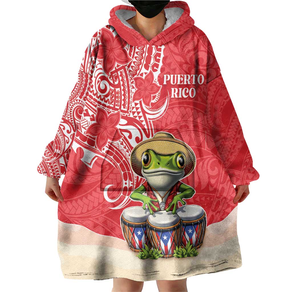 Personalized Puerto Rico Wearable Blanket Hoodie Coqui Frog With Polynesian Pattern - Polynesian Pride