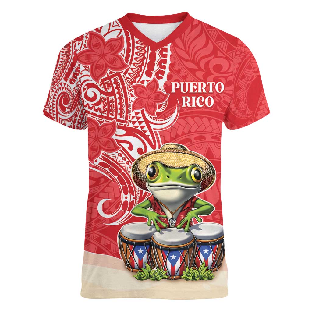 Personalized Puerto Rico Women V-Neck T-Shirt Coqui Frog With Polynesian Pattern - Polynesian Pride