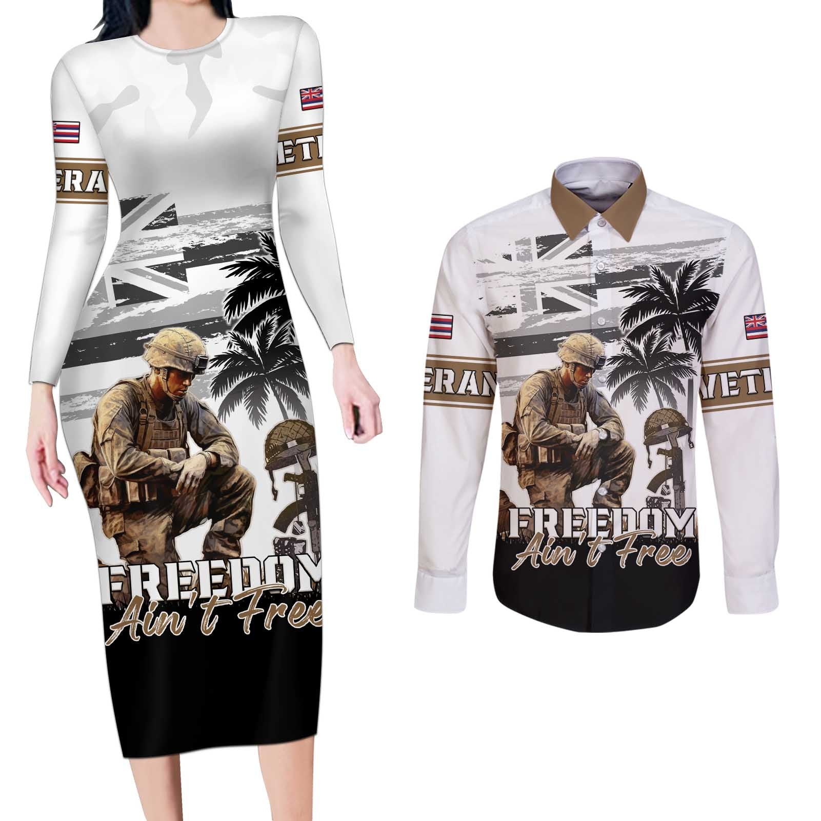 Hawaii Veterans Day Couples Matching Long Sleeve Bodycon Dress and Long Sleeve Button Shirt Honor The Fallen Flag Grunge Style