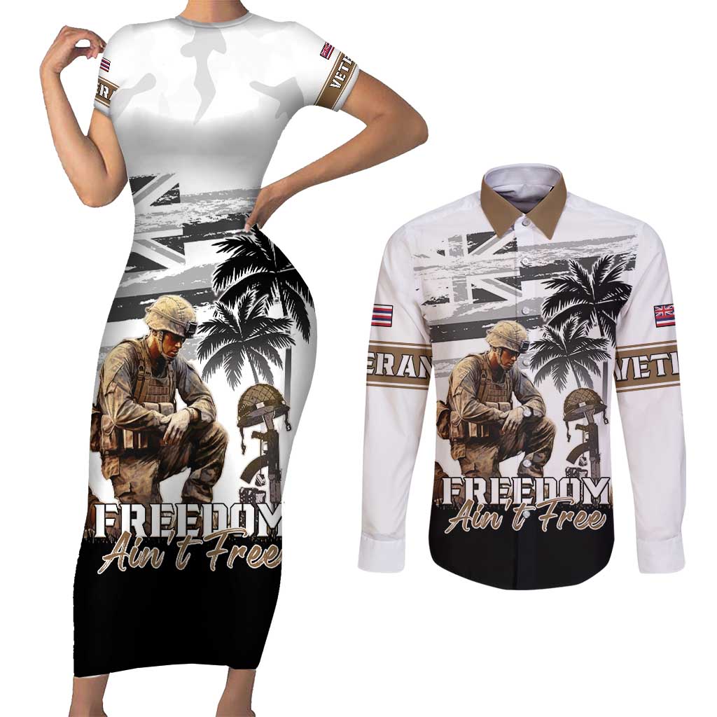 Hawaii Veterans Day Couples Matching Short Sleeve Bodycon Dress and Long Sleeve Button Shirt Honor The Fallen Flag Grunge Style