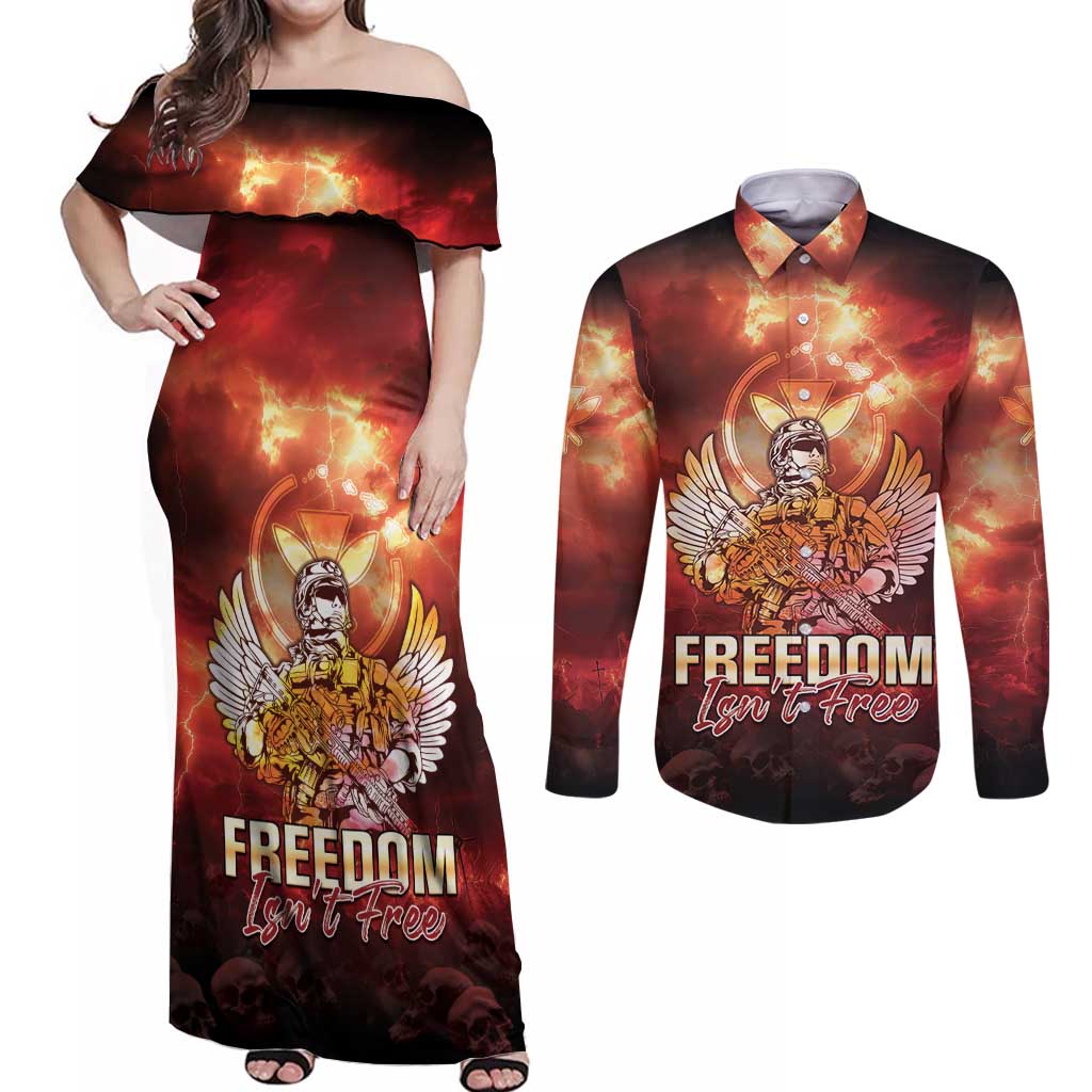 Hawaii Veterans Day Couples Matching Off Shoulder Maxi Dress and Long Sleeve Button Shirt May We Never Forget Freedom Isn't Free