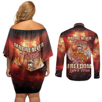 Hawaii Veterans Day Couples Matching Off Shoulder Short Dress and Long Sleeve Button Shirt May We Never Forget Freedom Isn't Free