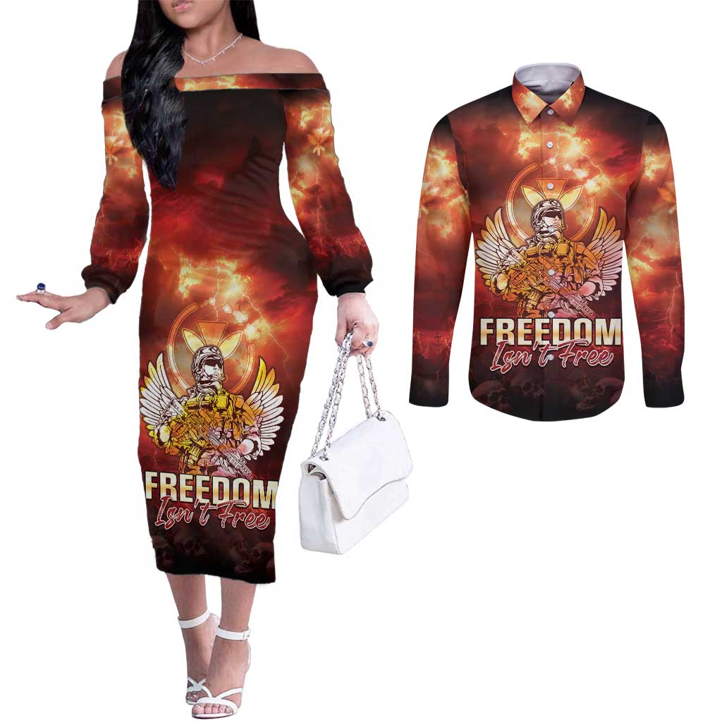 Hawaii Veterans Day Couples Matching Off The Shoulder Long Sleeve Dress and Long Sleeve Button Shirt May We Never Forget Freedom Isn't Free