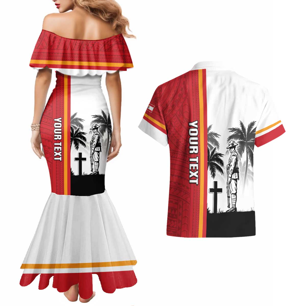 French Polynesia Armistice Day Couples Matching Mermaid Dress and Hawaiian Shirt Lest We Forget Flag Style