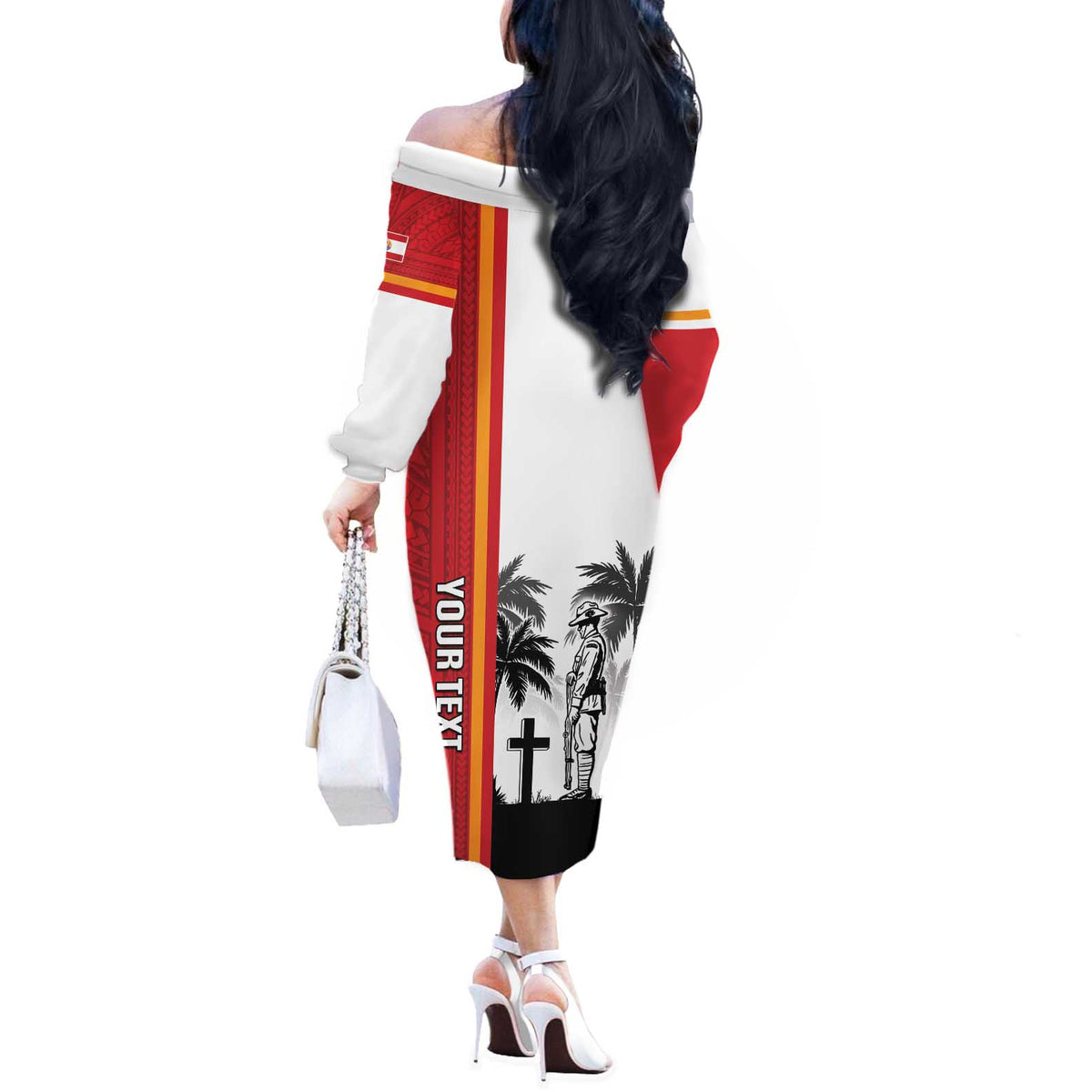 French Polynesia Armistice Day Off The Shoulder Long Sleeve Dress Lest We Forget Flag Style