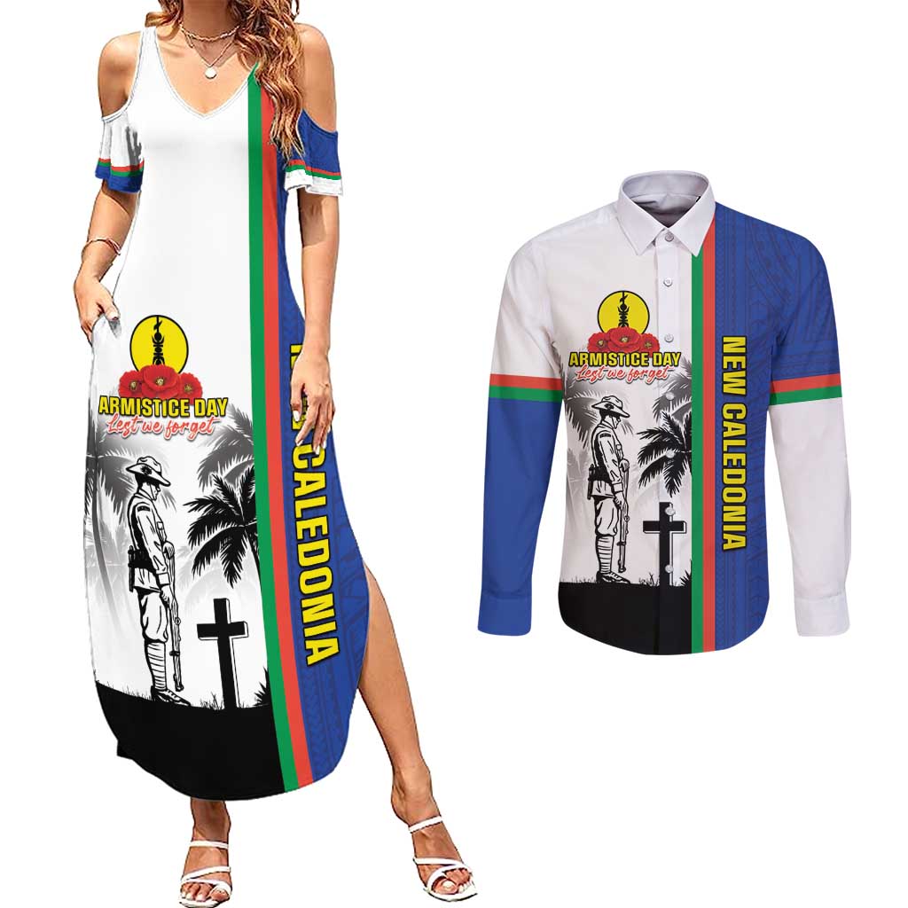 New Caledonia Armistice Day Couples Matching Summer Maxi Dress and Long Sleeve Button Shirt Lest We Forget Flag Style LT05 Navy - Polynesian Pride