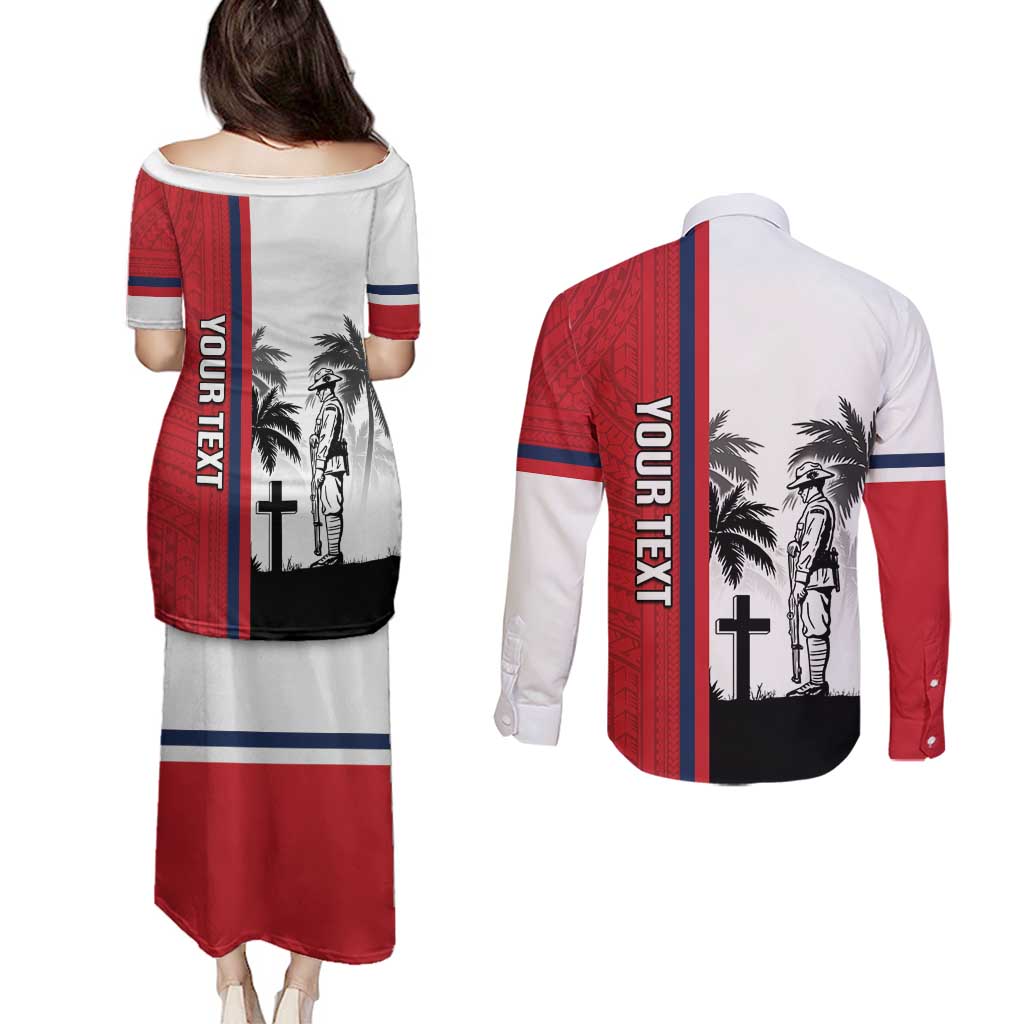 Wallis and Futuna Armistice Day Couples Matching Puletasi and Long Sleeve Button Shirt Lest We Forget Flag Style