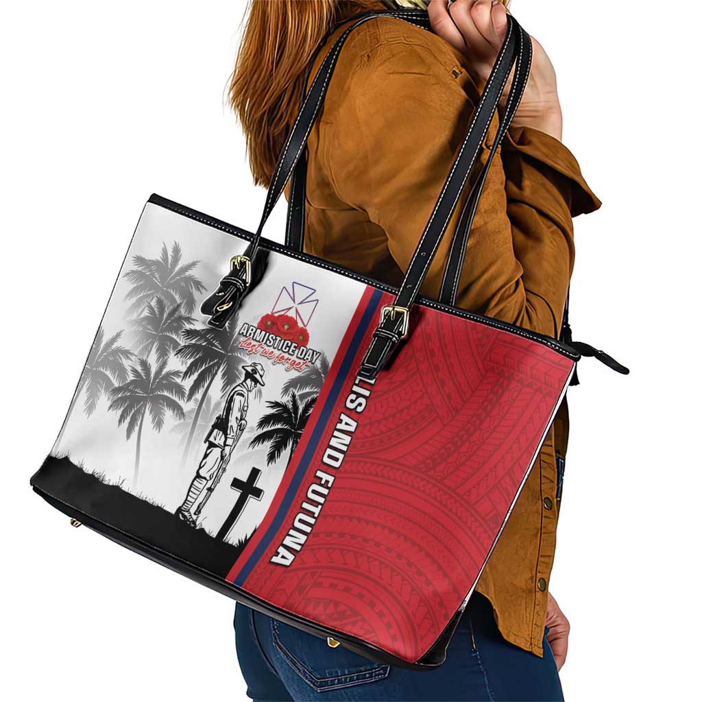 Wallis and Futuna Armistice Day Leather Tote Bag Lest We Forget Flag Style