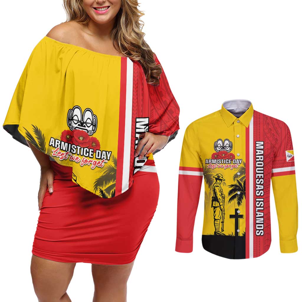 Marquesas Islands Armistice Day Couples Matching Off Shoulder Short Dress and Long Sleeve Button Shirt Lest We Forget Flag Style LT05 Yellow - Polynesian Pride