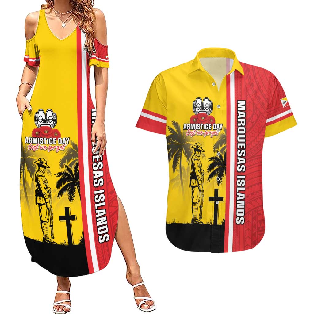 Marquesas Islands Armistice Day Couples Matching Summer Maxi Dress and Hawaiian Shirt Lest We Forget Flag Style LT05 Yellow - Polynesian Pride