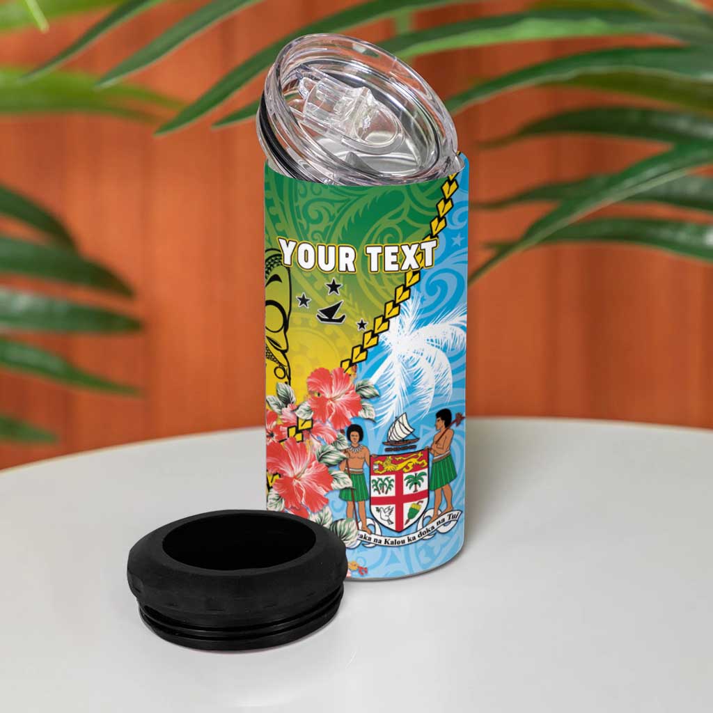 Personalised Malampa Fiji Day 4 in 1 Can Cooler Tumbler Tribal Pattern With Tropical Flowers - Polynesian Pride
