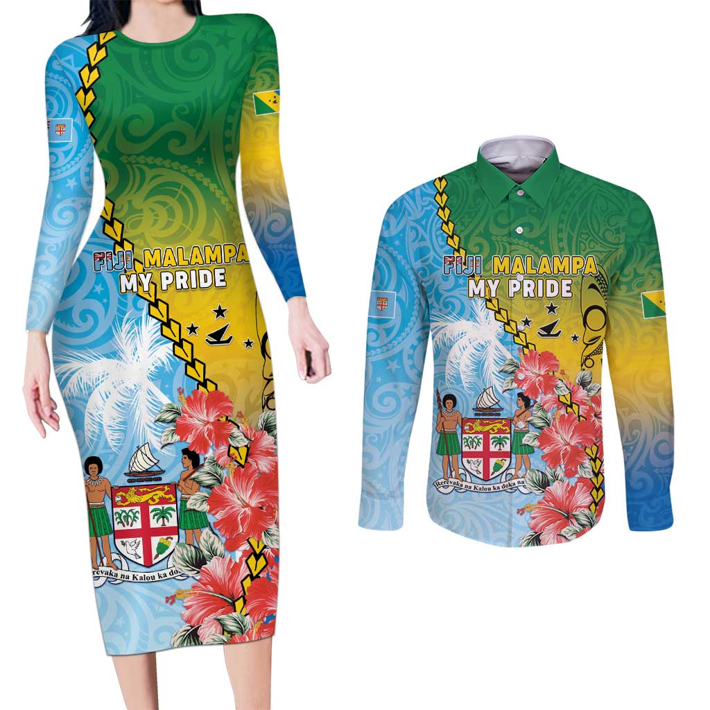 Personalised Malampa Fiji Day Couples Matching Long Sleeve Bodycon Dress and Long Sleeve Button Shirt Tribal Pattern With Tropical Flowers - Polynesian Pride