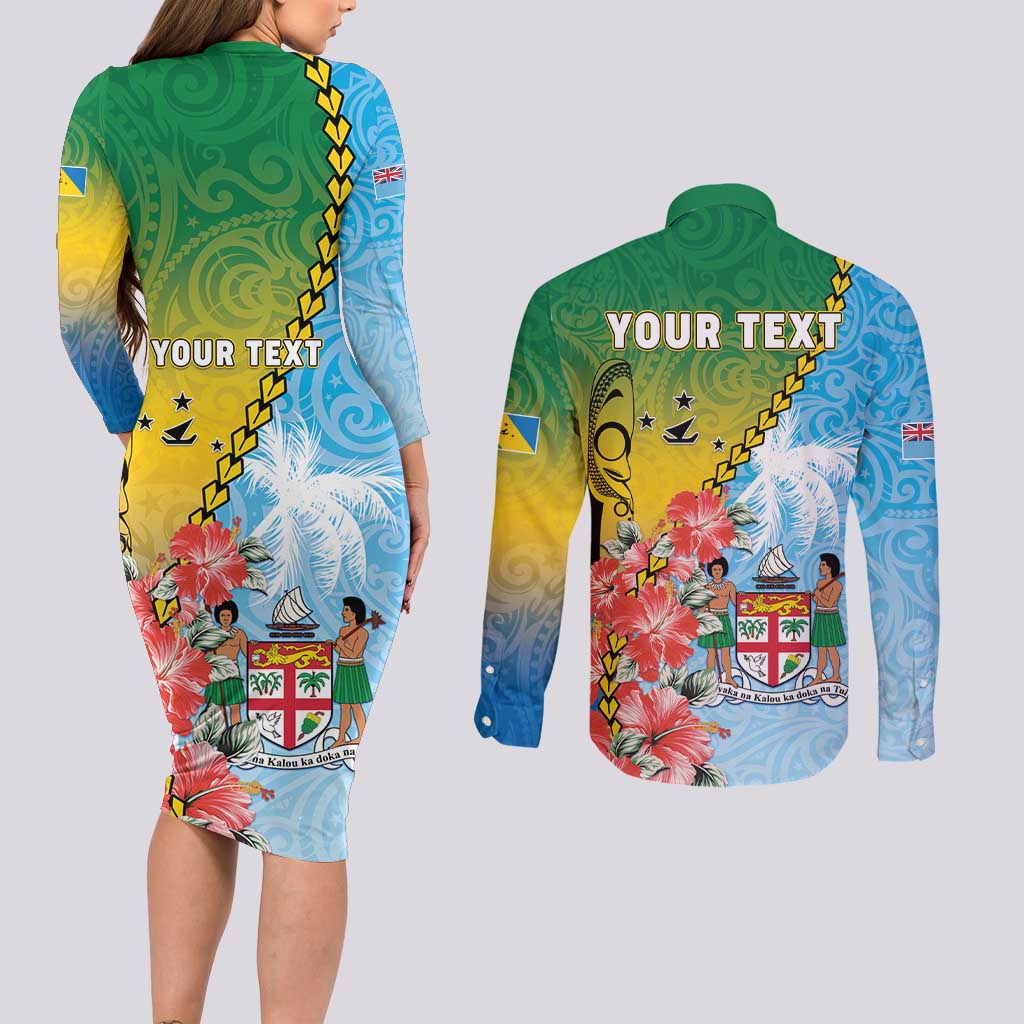 Personalised Malampa Fiji Day Couples Matching Long Sleeve Bodycon Dress and Long Sleeve Button Shirt Tribal Pattern With Tropical Flowers - Polynesian Pride