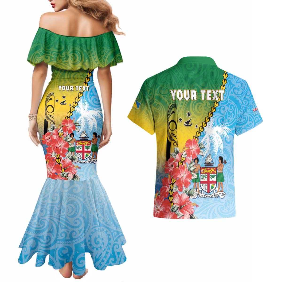 Personalised Malampa Fiji Day Couples Matching Mermaid Dress and Hawaiian Shirt Tribal Pattern With Tropical Flowers - Polynesian Pride