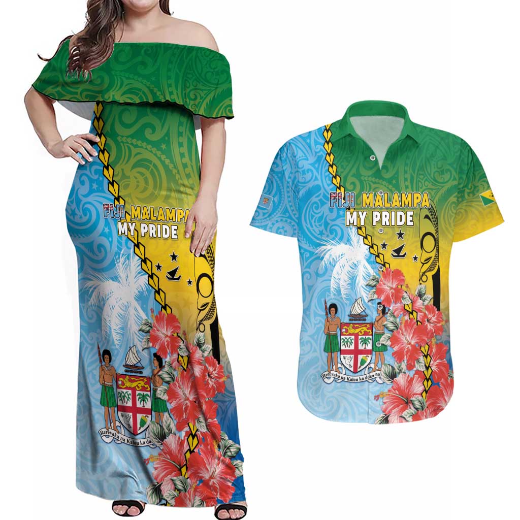 Personalised Malampa Fiji Day Couples Matching Off Shoulder Maxi Dress and Hawaiian Shirt Tribal Pattern With Tropical Flowers - Polynesian Pride