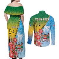 Personalised Malampa Fiji Day Couples Matching Off Shoulder Maxi Dress and Long Sleeve Button Shirt Tribal Pattern With Tropical Flowers - Polynesian Pride
