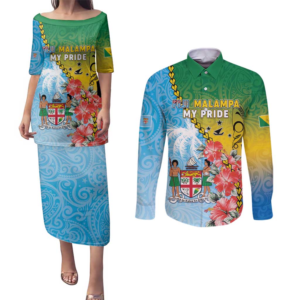 Personalised Malampa Fiji Day Couples Matching Puletasi and Long Sleeve Button Shirt Tribal Pattern With Tropical Flowers - Polynesian Pride
