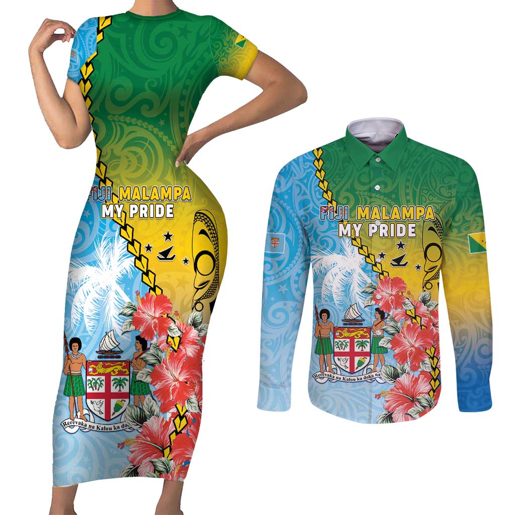 Personalised Malampa Fiji Day Couples Matching Short Sleeve Bodycon Dress and Long Sleeve Button Shirt Tribal Pattern With Tropical Flowers - Polynesian Pride