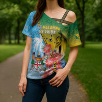 Personalised Malampa Fiji Day Cross Shoulder Shirt Tribal Pattern With Tropical Flowers - Polynesian Pride