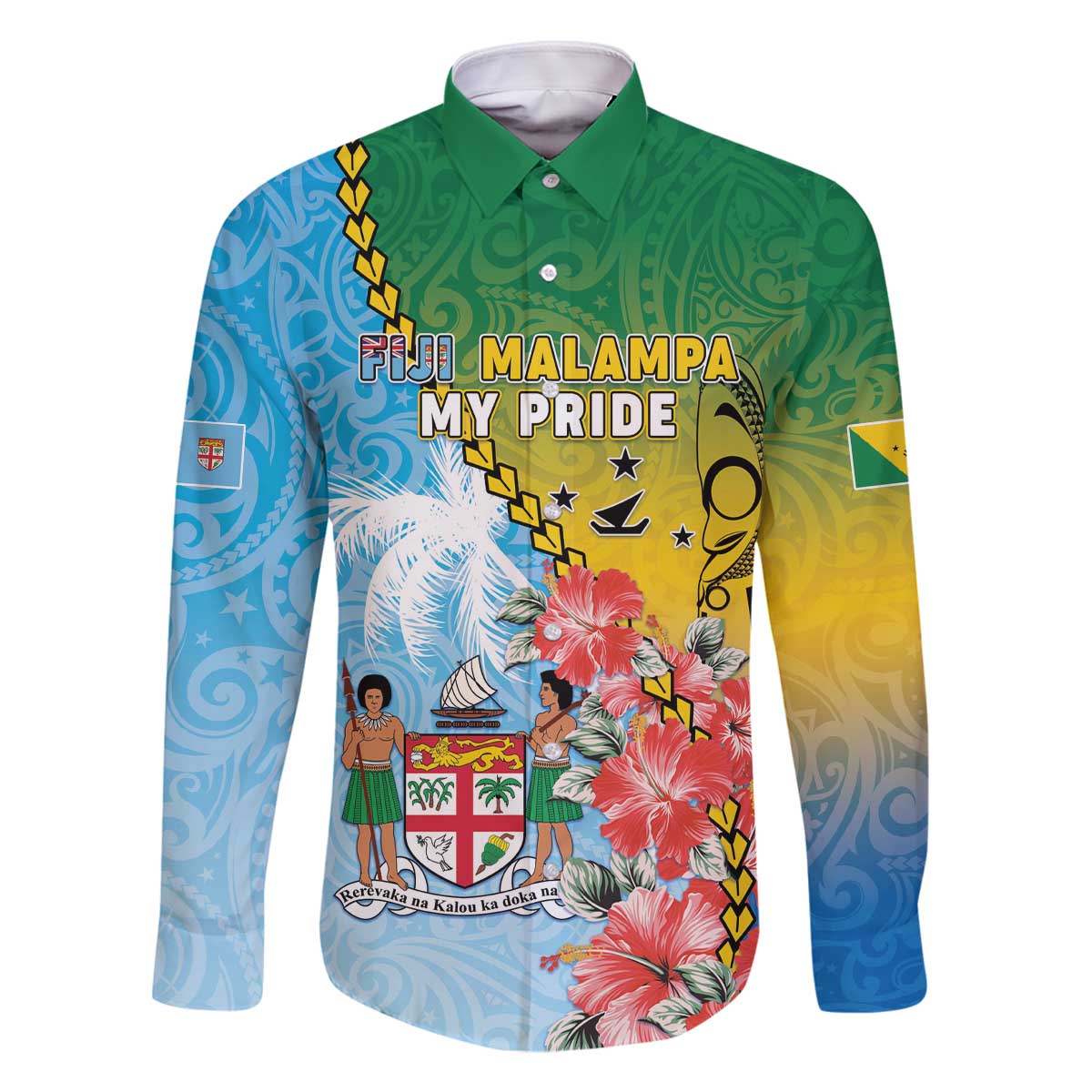 Personalised Malampa Fiji Day Family Matching Off The Shoulder Long Sleeve Dress and Hawaiian Shirt Tribal Pattern With Tropical Flowers - Polynesian Pride
