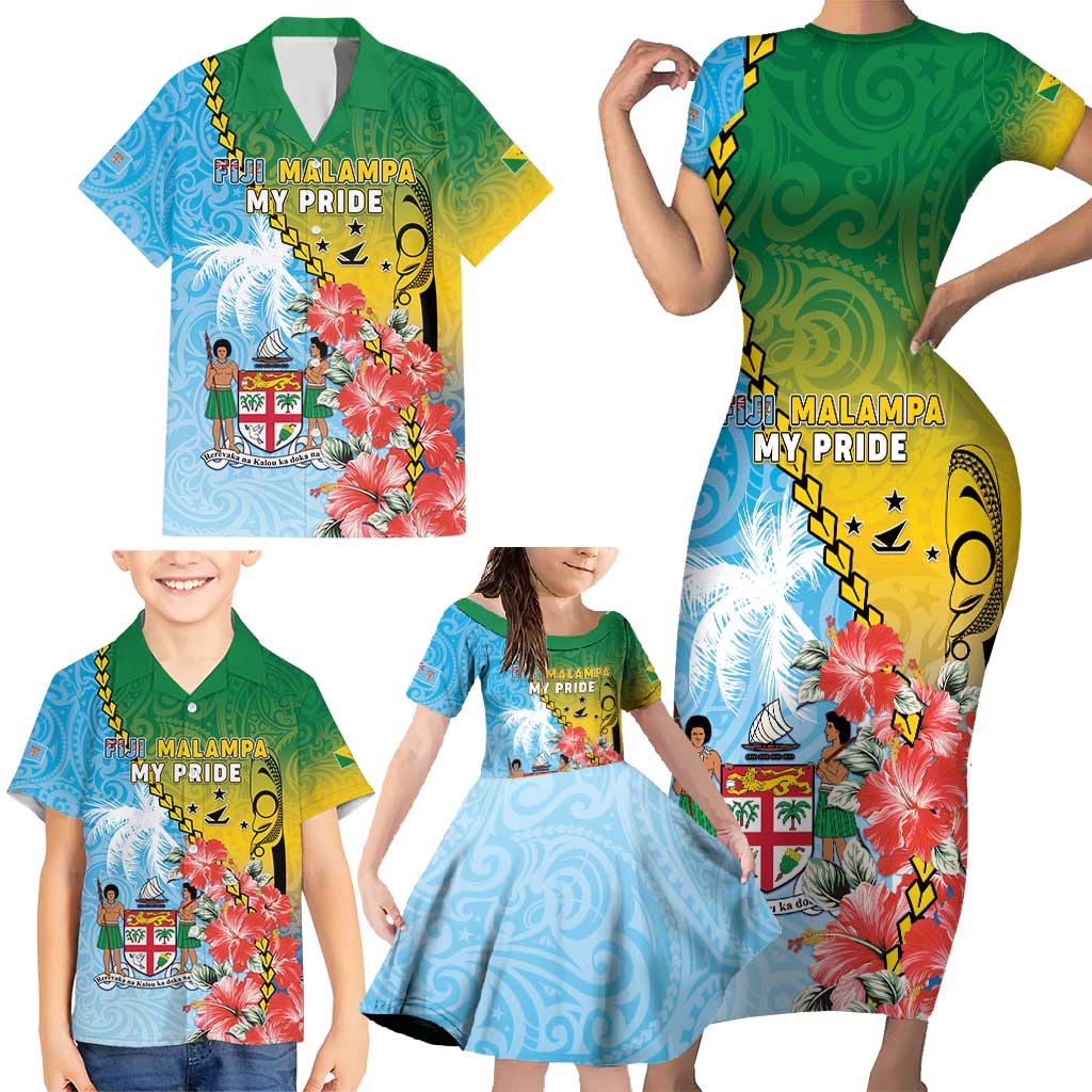 Personalised Malampa Fiji Day Family Matching Short Sleeve Bodycon Dress and Hawaiian Shirt Tribal Pattern With Tropical Flowers - Polynesian Pride